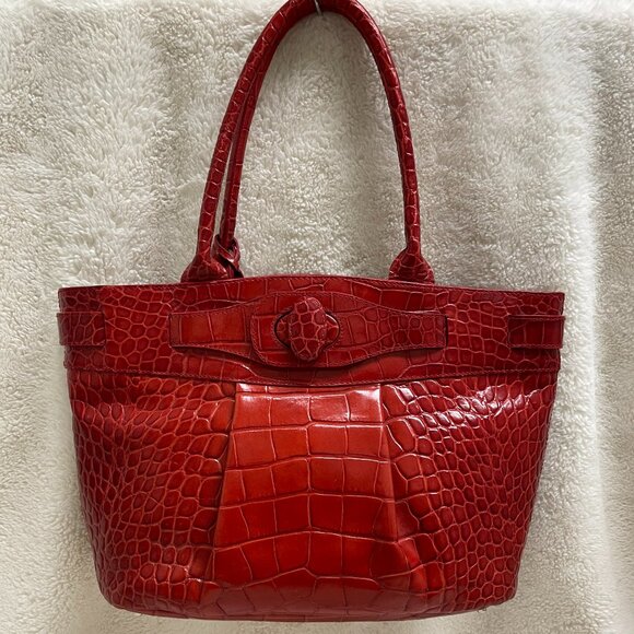 Beautiful Furla Italian Leather Red/Wine Color Croc Embossed Tote Bag - Picture 1 of 13